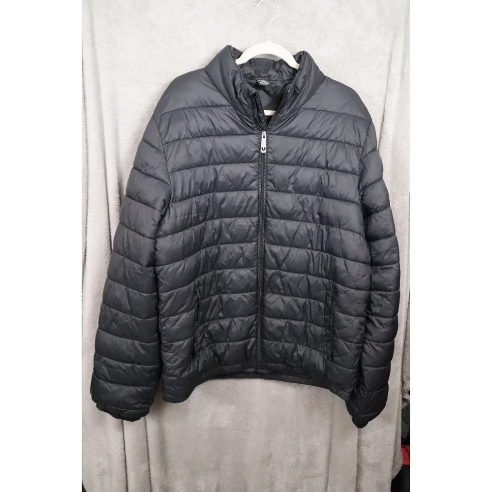 True Religion Mens Black Quilted Puffer Jacket Full Zip Lightweight 2XL 104941